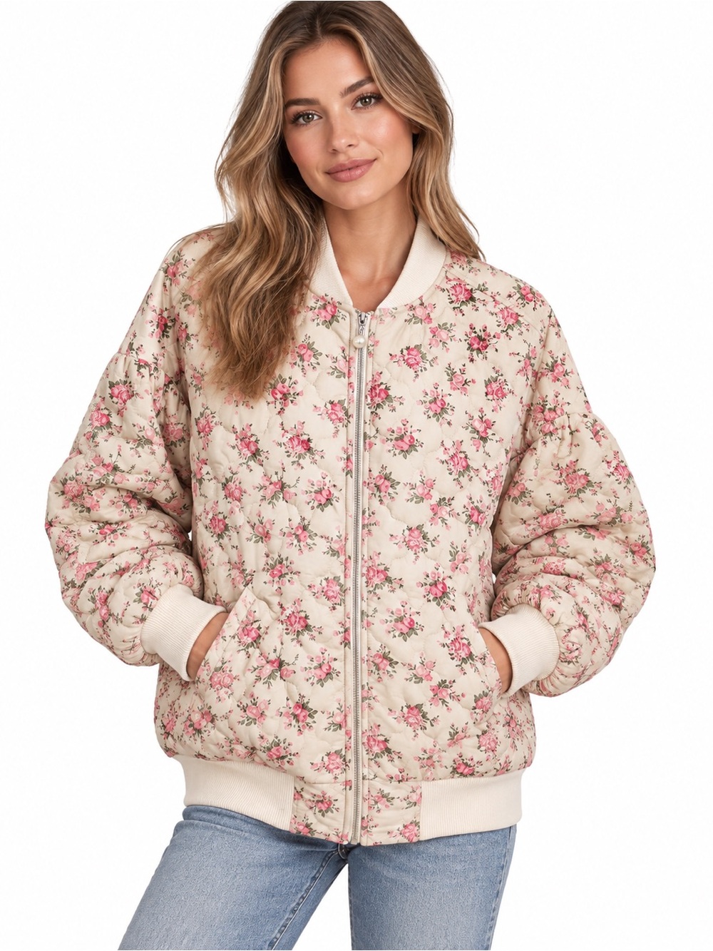 MARBLE Cream Quilted Bomber Jacket with Pink Floral Print